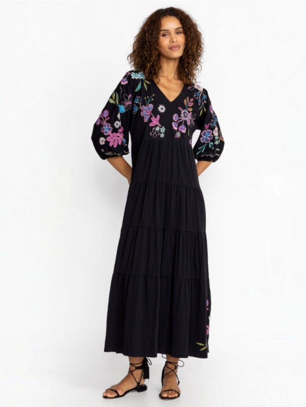Johnny Was Shilo Dolman Sleeve Tiered Floral Embroidered Dress, PXS, Bohemian